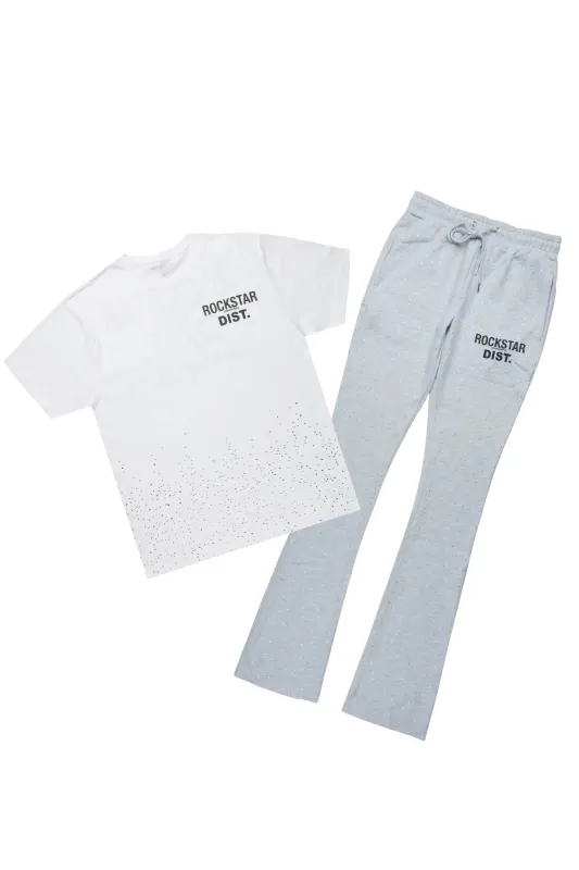 Alpine White/Heather Grey Rhinestone T-Shirt/Stacked Track Set made by Rockstar Original