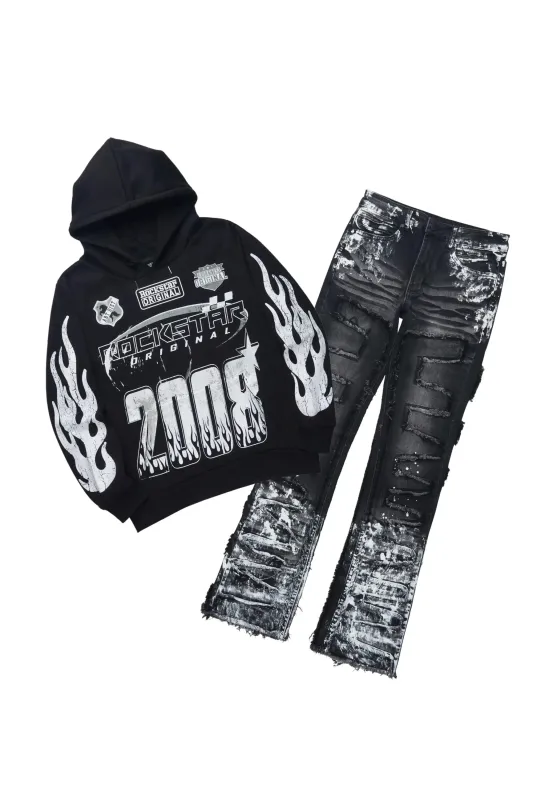 Amos 2.0 Black/Black Hoodie/Stacked Flare Jean Set made by Rockstar Original