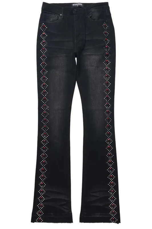 Gria Black Wash Rhinestone Stacked Flare Jean sold by Rockstar Original