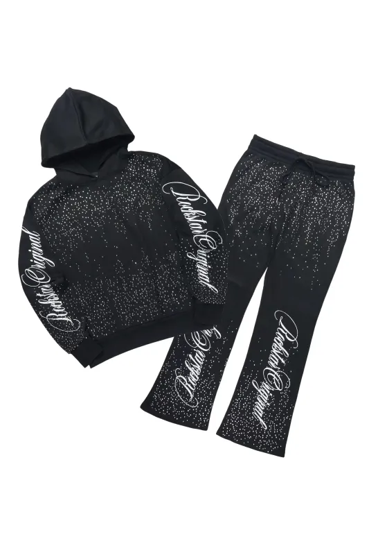 Strayce Black/White Rhinestone Hoodie Relaxed Track Set made by Rockstar Original