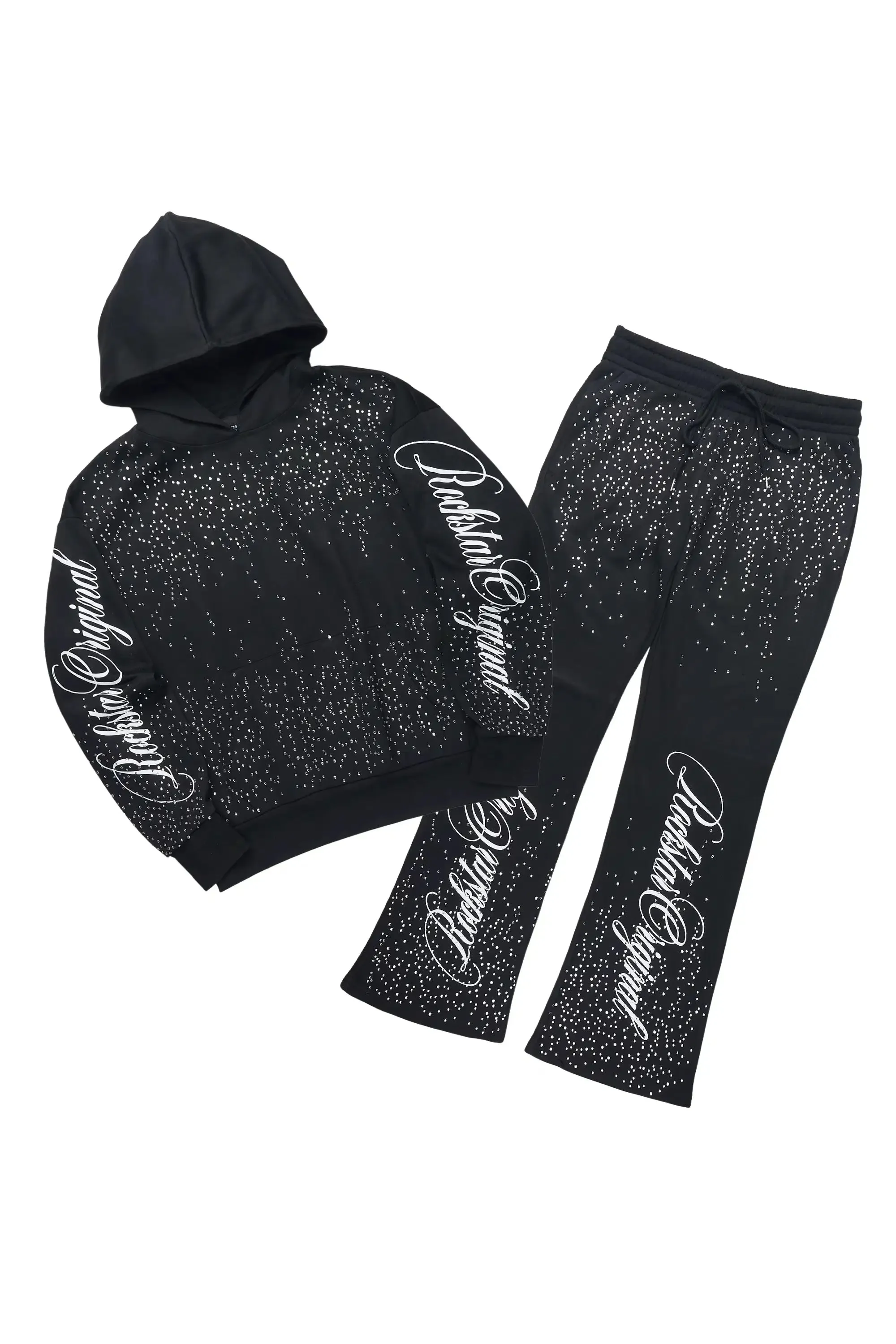 Strayce Black/White Rhinestone Hoodie Relaxed Track Set sold by Rockstar Original