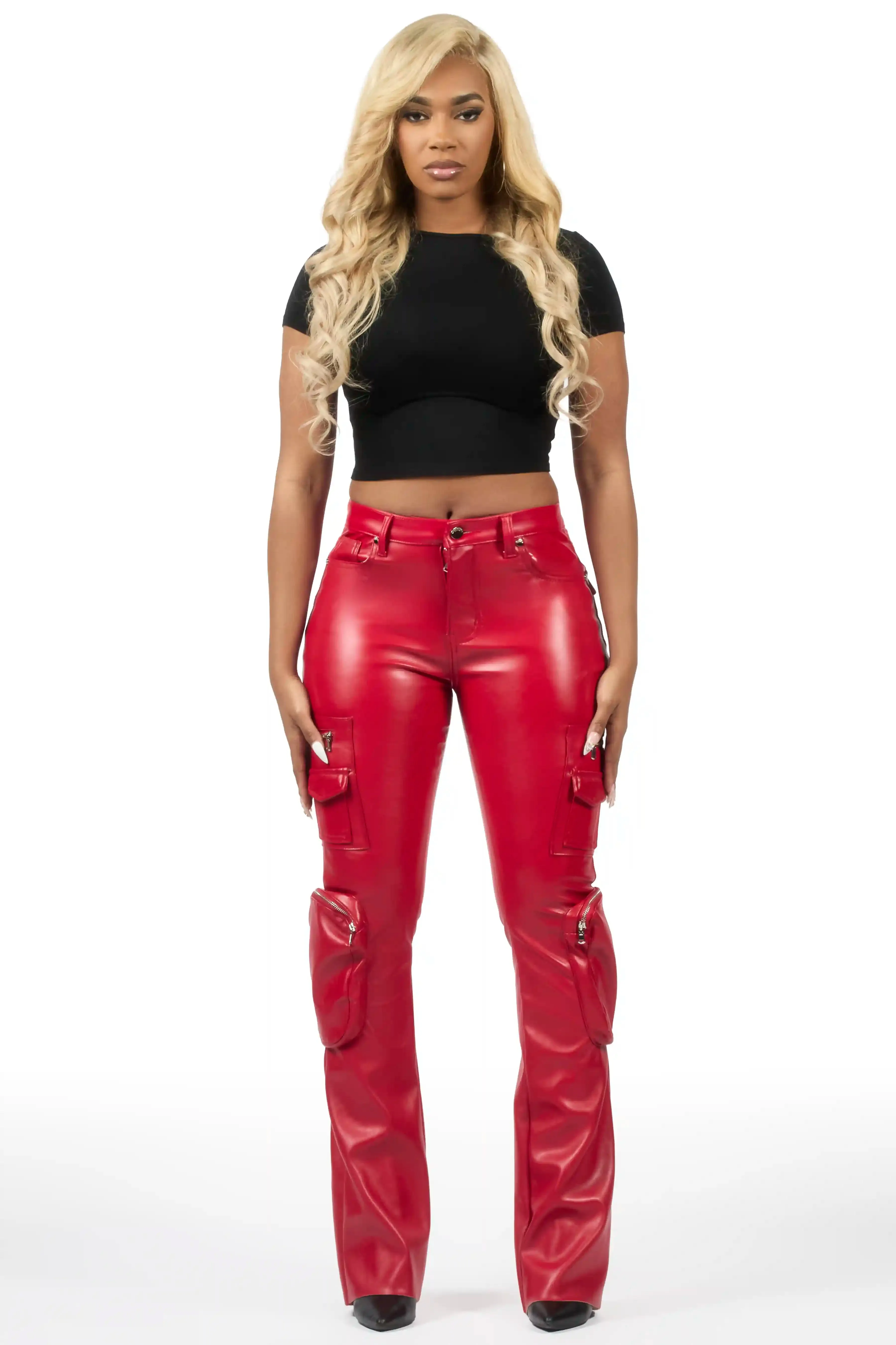 Luxola Red PU Cargo Stacked Flare Pant sold by Rockstar Original product image thumbnail 2