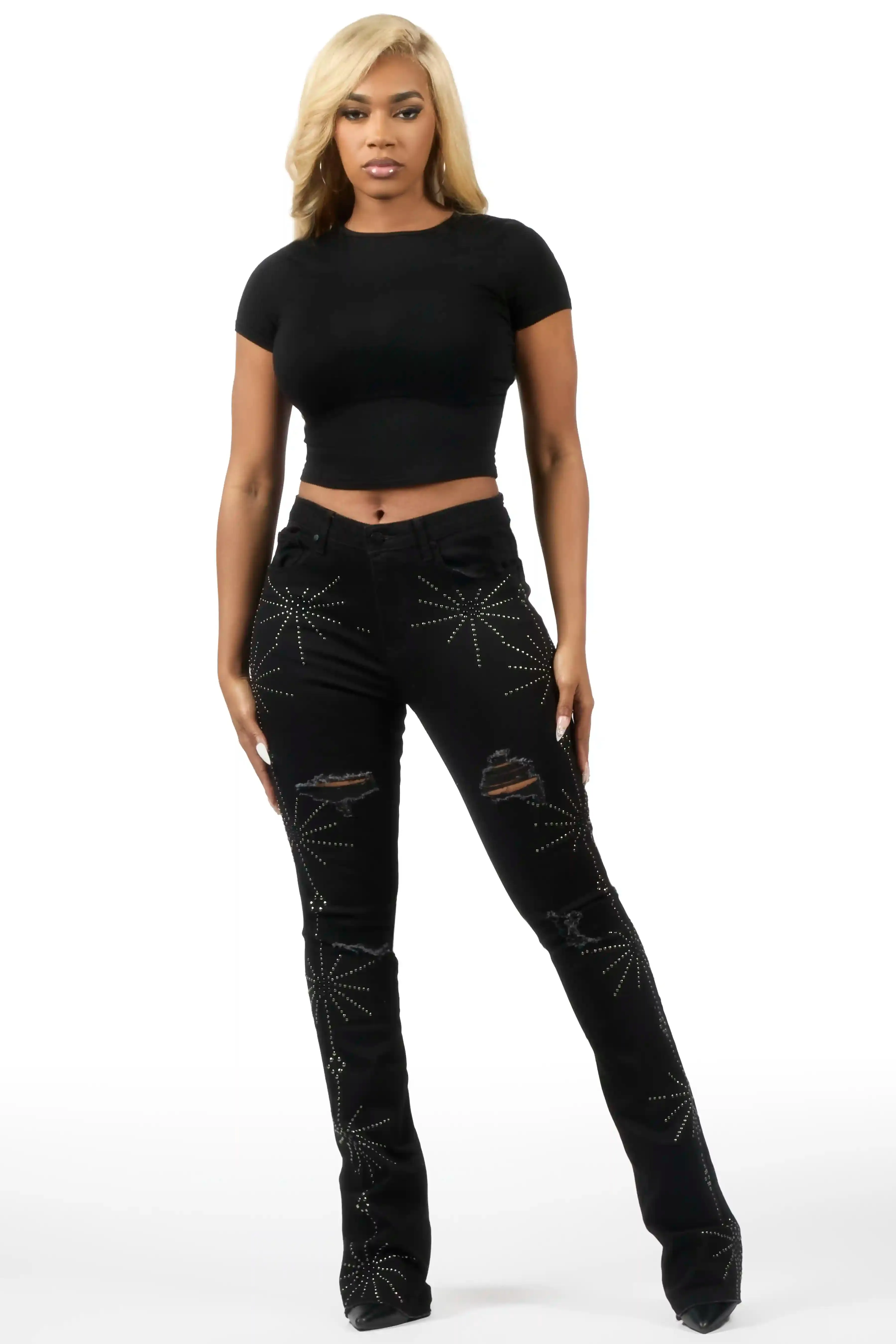 Ikia Black Studded Stacked Flare Jean sold by Rockstar Original product image thumbnail 3