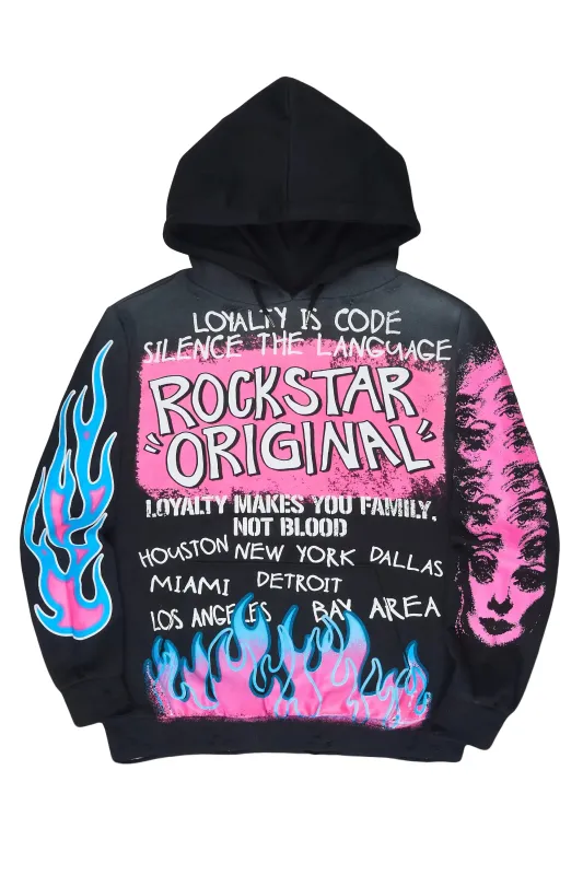 Beno Black/Pink Distressed Graphic Hoodie made by Rockstar Original