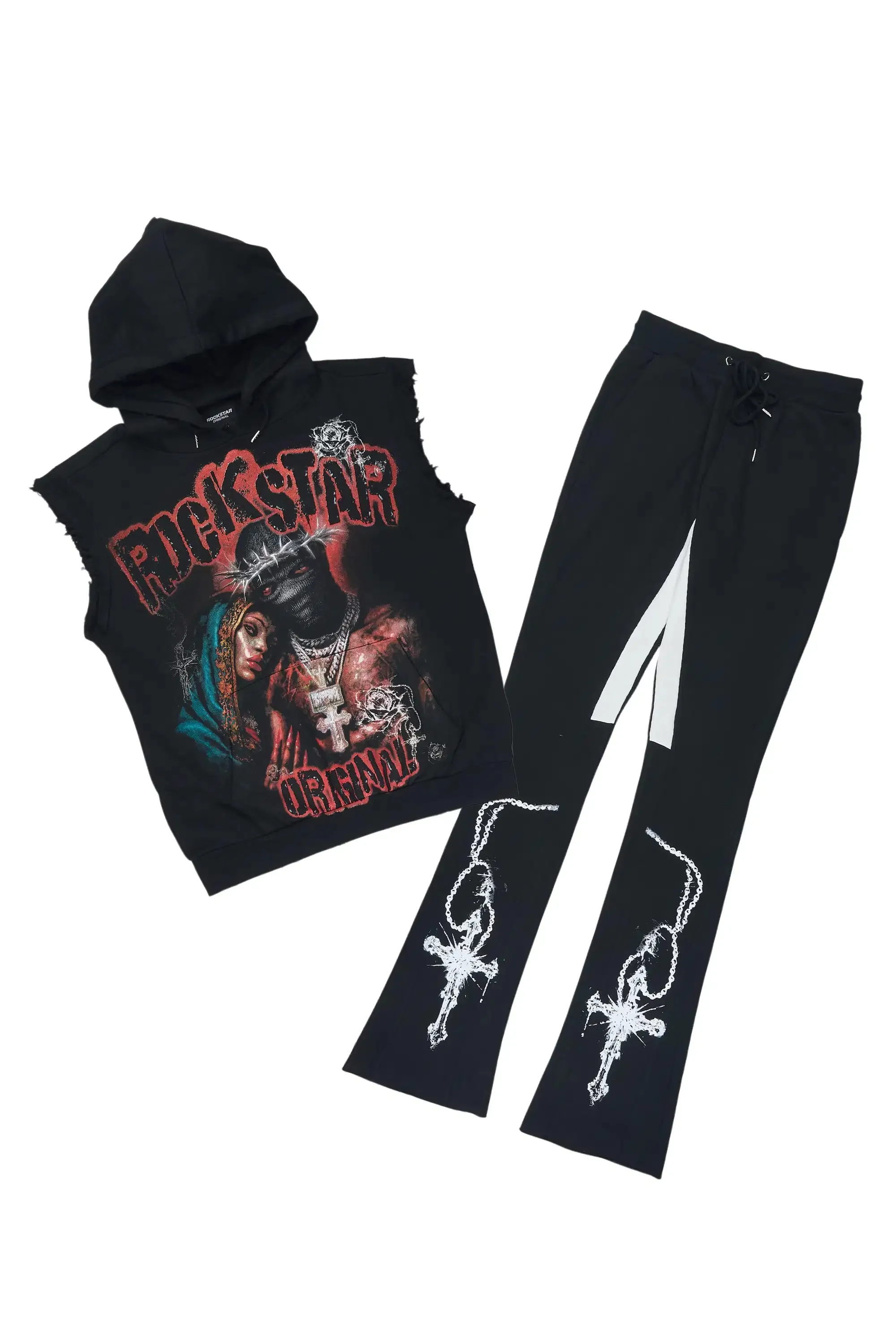 Vontae Black/Red Cut Sleeve Hoodie/Stacked Flare Track Set sold by Rockstar Original