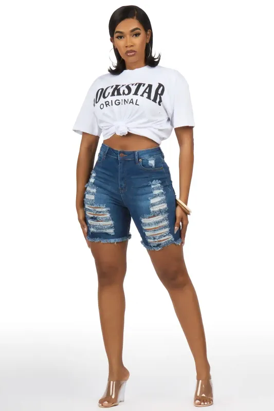 Stiffany Med. Wash Distressed Denim Short made by Rockstar Original