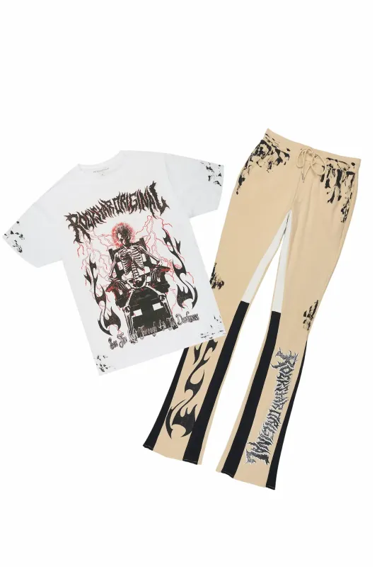 Deathrow 2.0 White/Beige T-Shirt/Stacked Flare Pant Set made by Rockstar Original