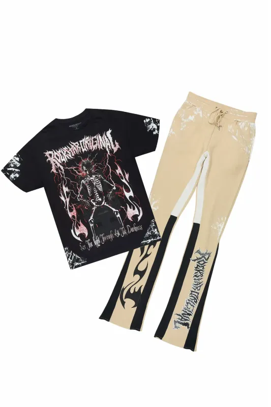 Deathrow 2.0 Black/Beige T-Shirt/Stacked Flare Pant Set made by Rockstar Original