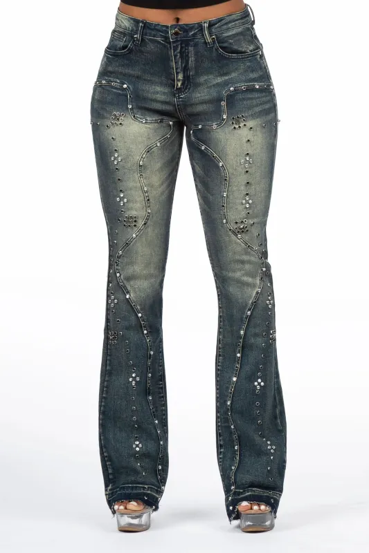 Inesia Tinted Wash Studded Stacked Flare Jean made by Rockstar Original