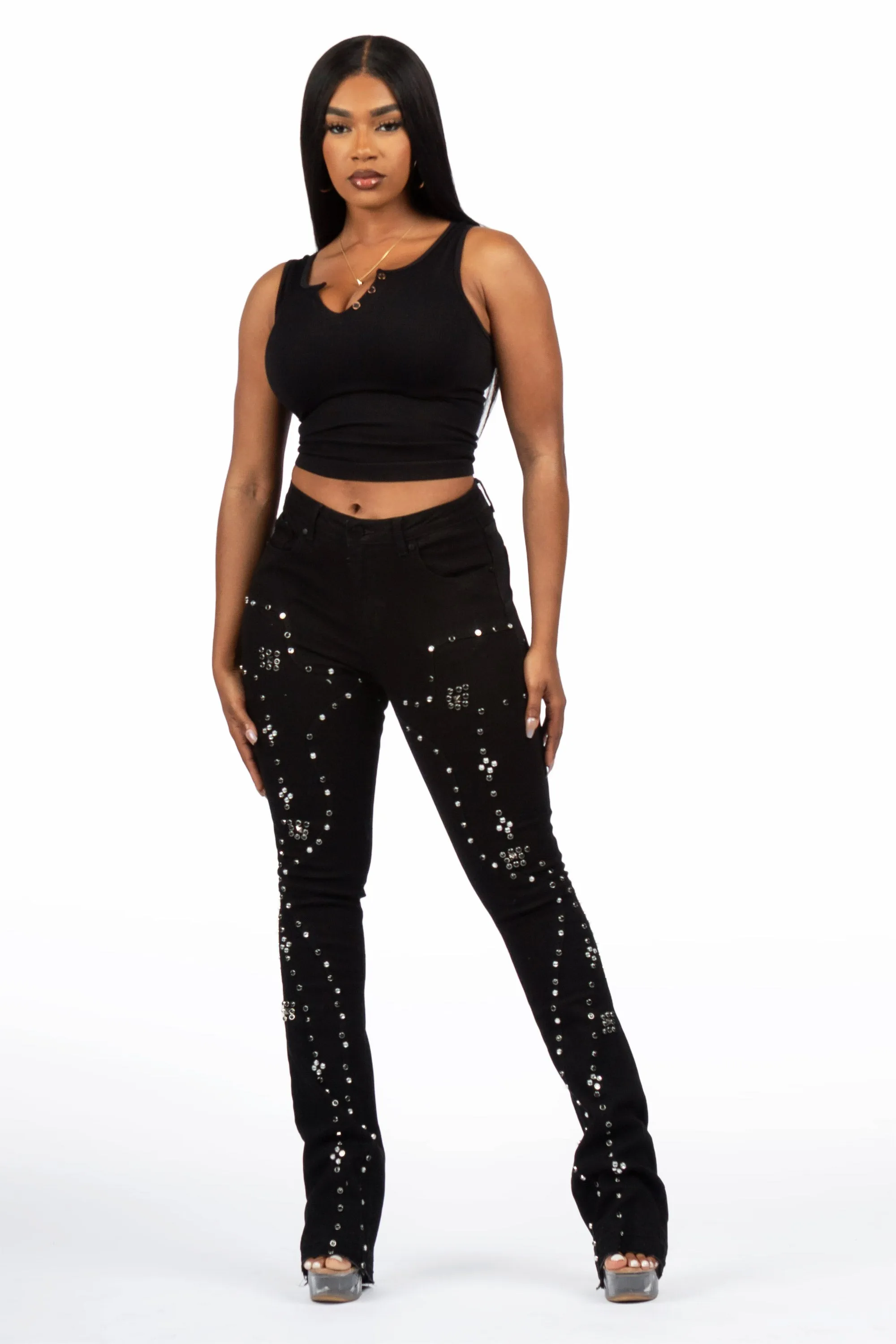 Inesia Black Studded Stacked Flare Jean sold by Rockstar Original product image thumbnail 2