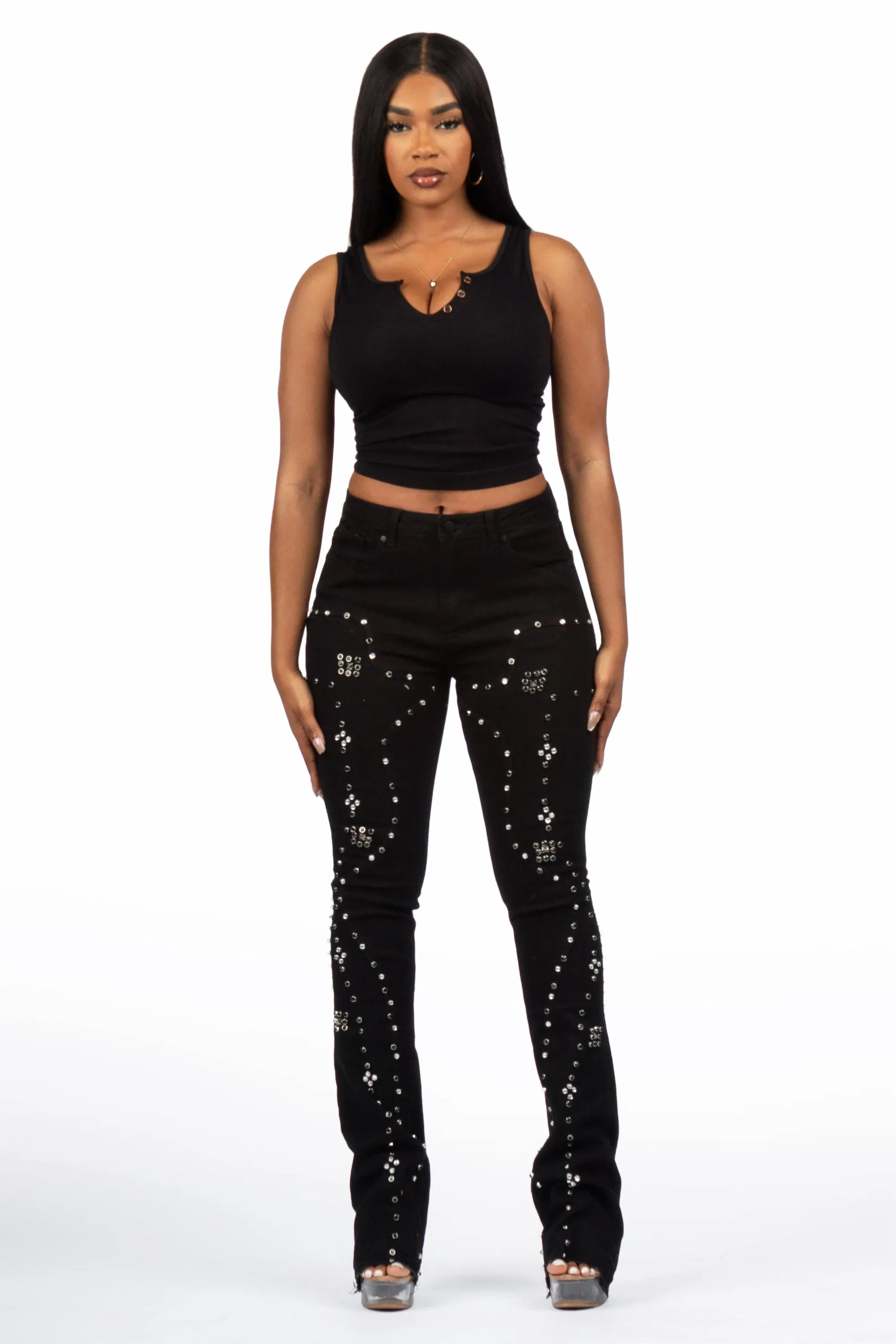 Inesia Black Studded Stacked Flare Jean sold by Rockstar Original product image thumbnail 4