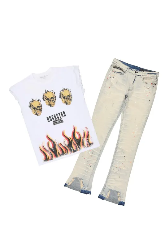 Maezar White/Light Wash Cut Sleeve Tee & Lakyn Stacked Flare Jean Set made by Rockstar Original
