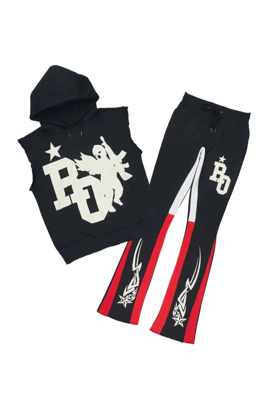 Pluton Black/Red Cut Sleeve Hoodie/Stacked Flare Track Set made by Rockstar Original