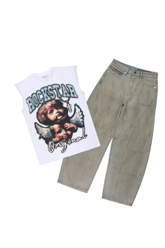 Deiter 2.0 White/Tint Blue Oversized Graphic T-Shirt & Malix Barrel Fit Jean Set made by Rockstar Original