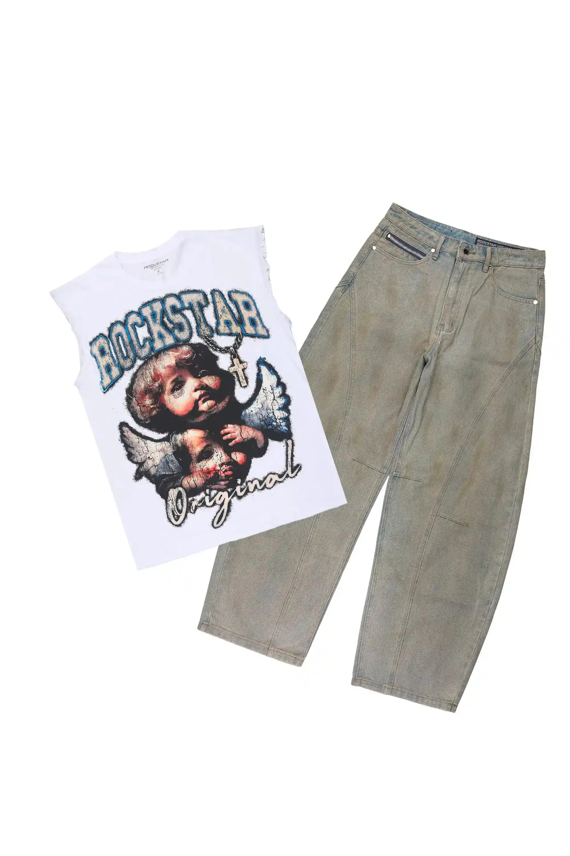 Deiter 2.0 White/Tint Blue Oversized Graphic T-Shirt & Malix Barrel Fit Jean Set sold by Rockstar Original