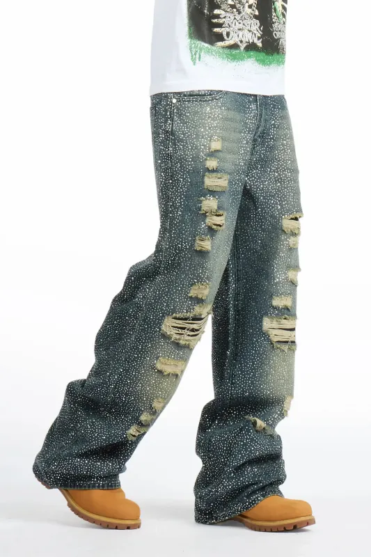 Hendrix Dark Blue Rhinestone Baggy Fit Jean made by Rockstar Original