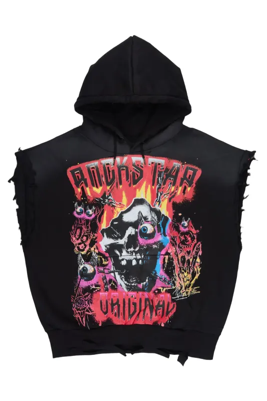 Styxx  Black Graphic Distressed Cut Sleeve Hoodie made by Rockstar Original