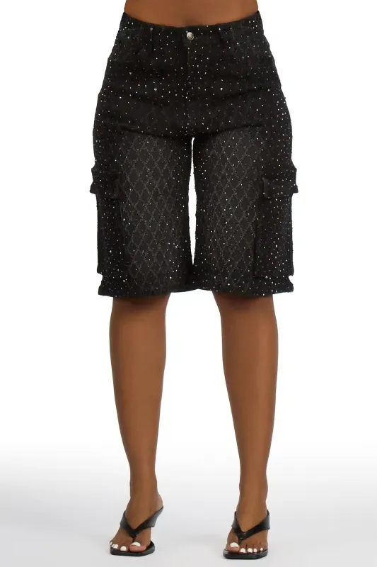 Martinique Black Rhinestone Denim Jort made by Rockstar Original