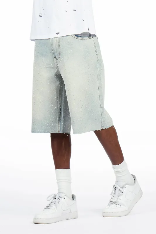 Brayan Light Blue Rhinestones Denim Short made by Rockstar Original