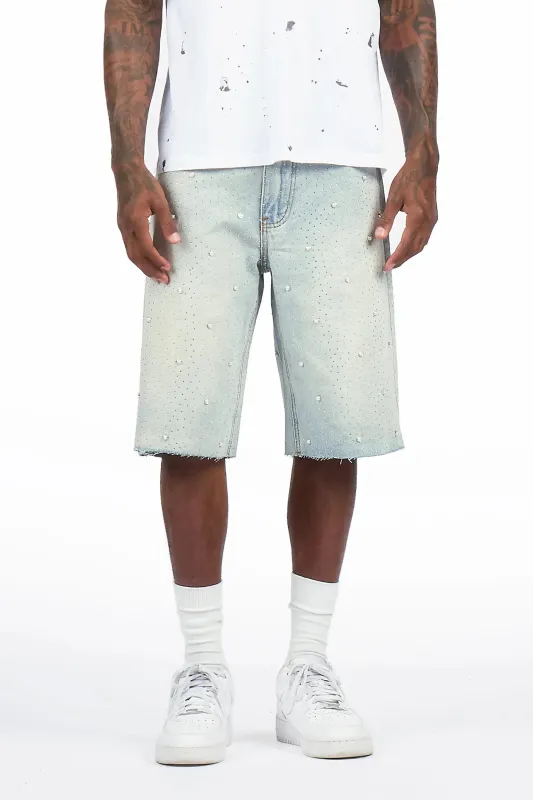 Rydell Light Blue Rhinestones Denim Short made by Rockstar Original