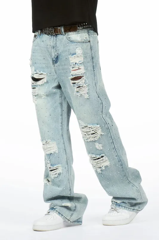 Iden Light Blue Rhinestone Baggy Fit Jean made by Rockstar Original