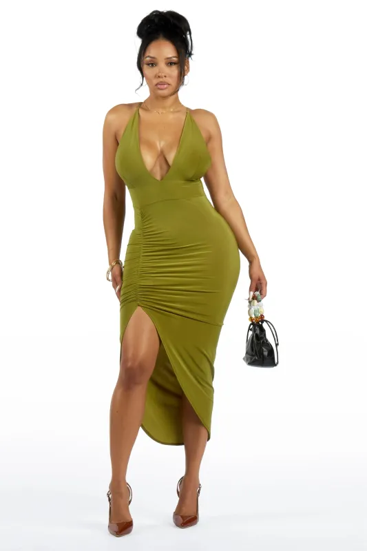 Slit-it Deep-V Green Moss Midi Dress made by Rockstar Original