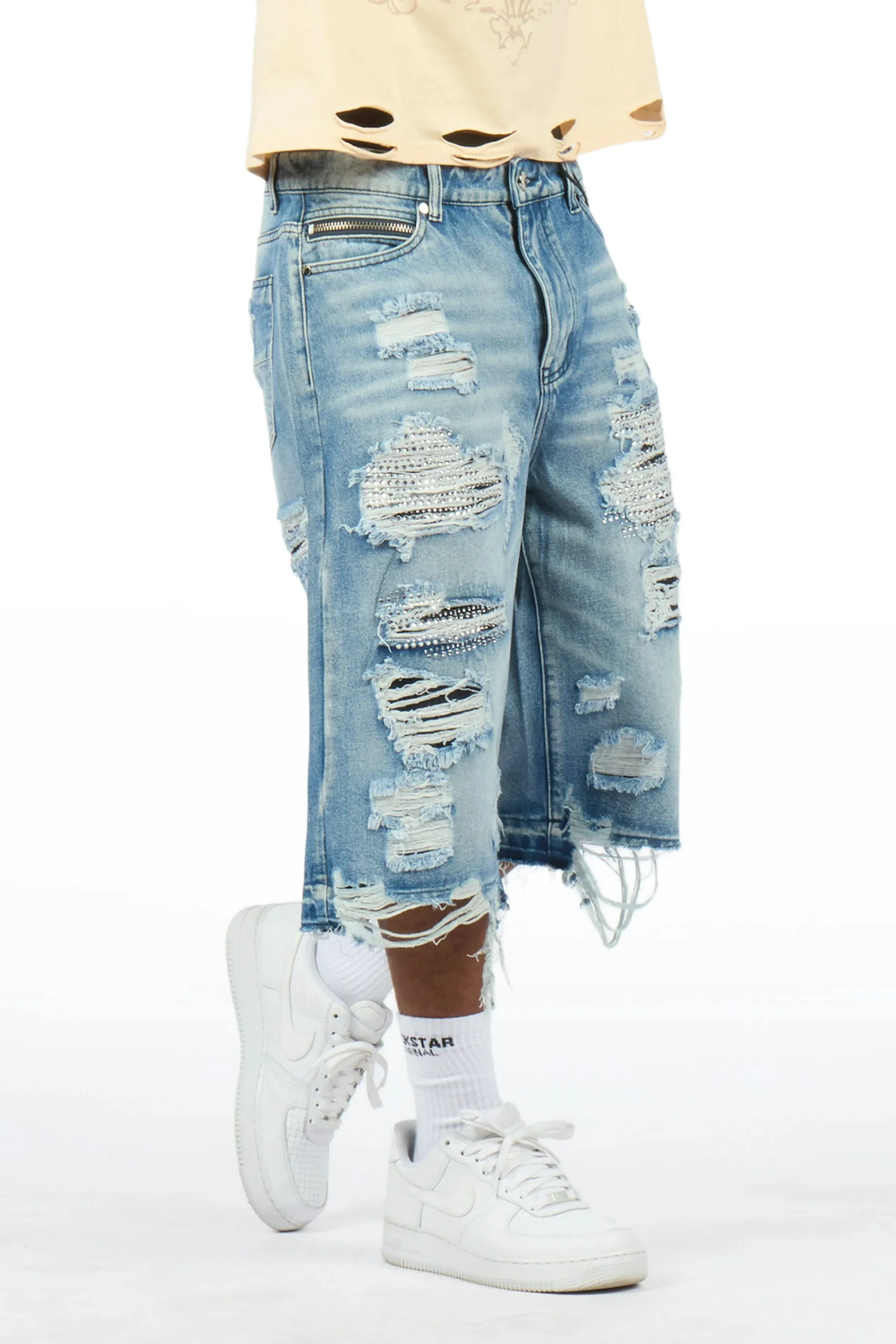 Mathey Light Blue Rhinestone Jort sold by Rockstar Original