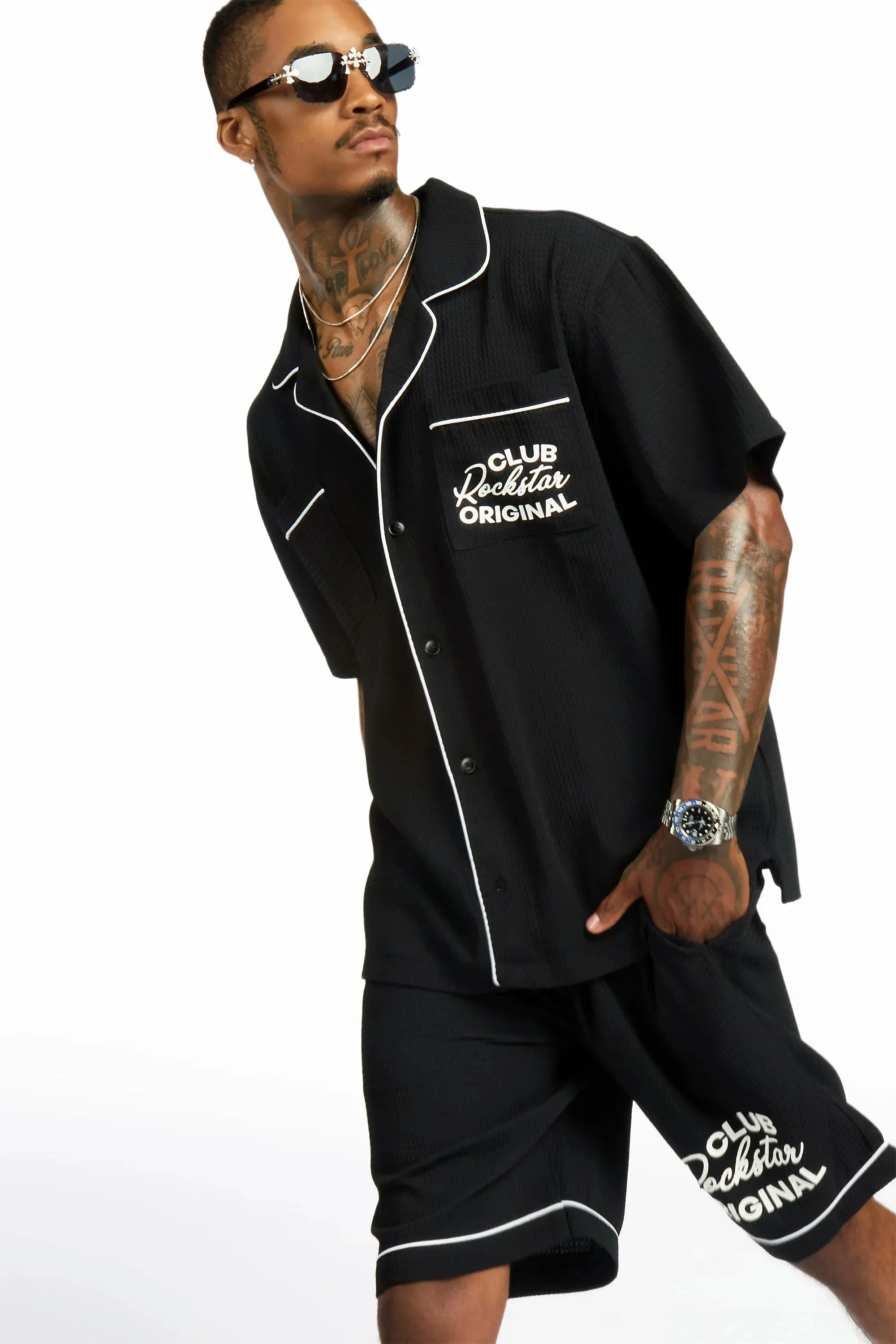 Clarence Black Button Down Shirt/Short Set sold by Rockstar Original product image thumbnail 3