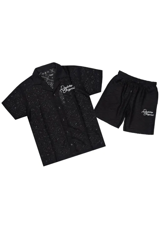 Sheck Black Button Down Shirt/Short Set made by Rockstar Original