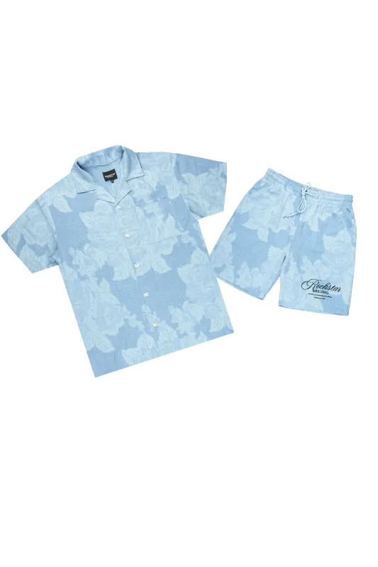 Frost Blue Button Down Shirt/Short Set made by Rockstar Original