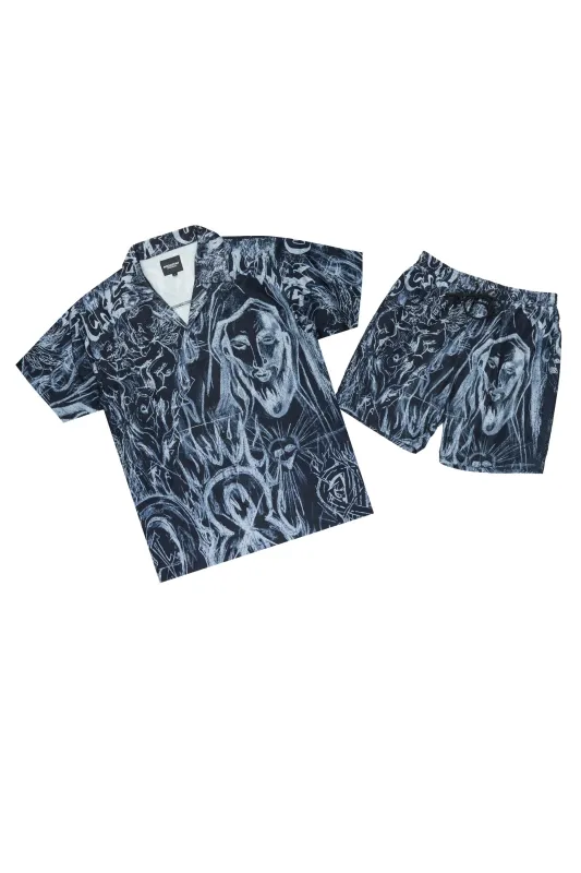 Fenno Black Button Down T-Shirt/Short Set made by Rockstar Original