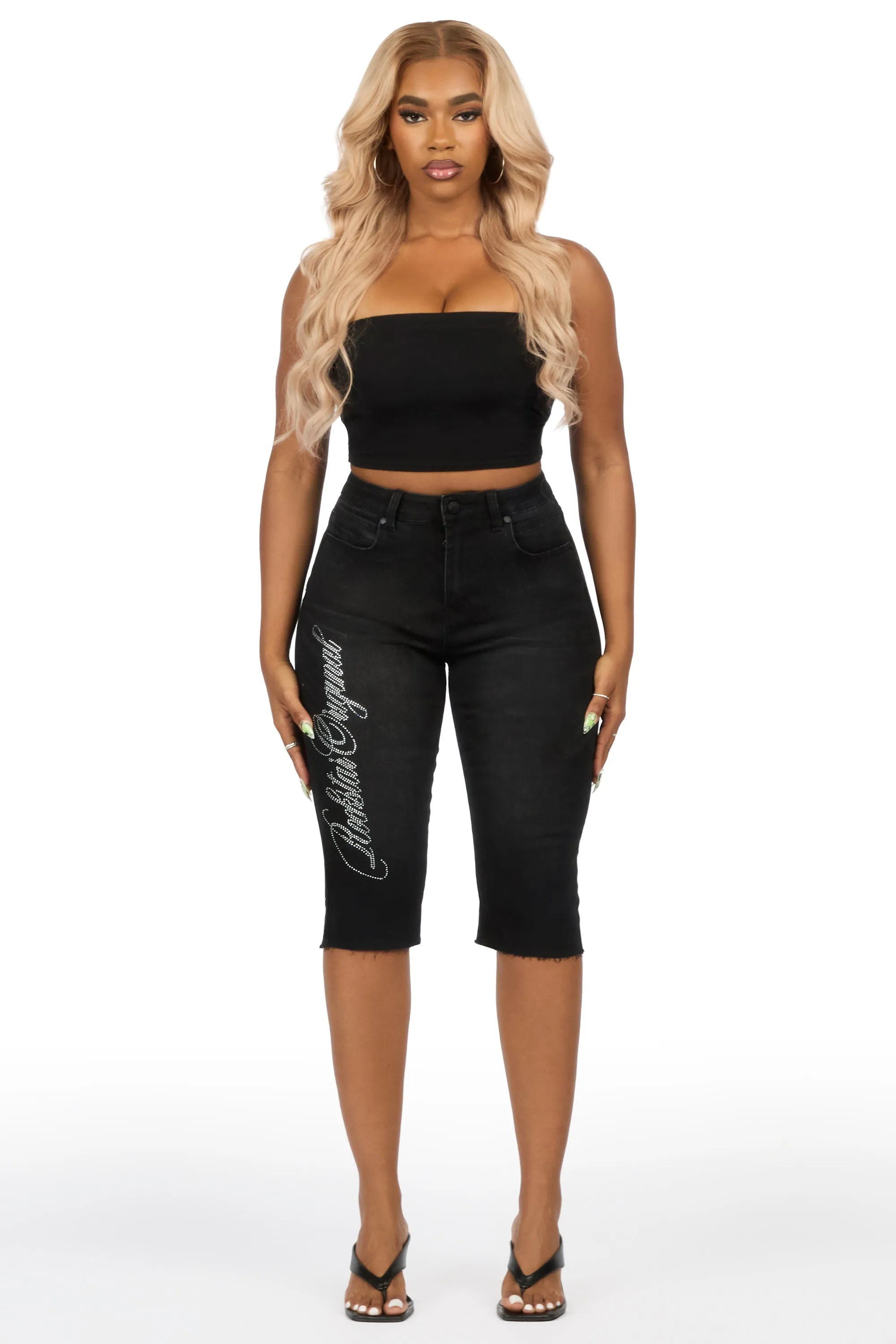 Teandra Black Rhinestone Denim Capri sold by Rockstar Original product image thumbnail 3