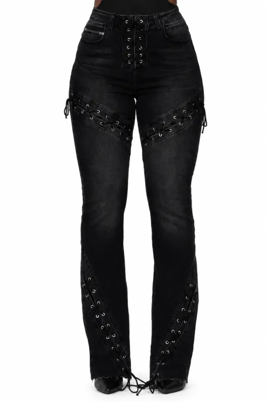 Shanai Black Lace Up Stacked Flare Jean made by Rockstar Original