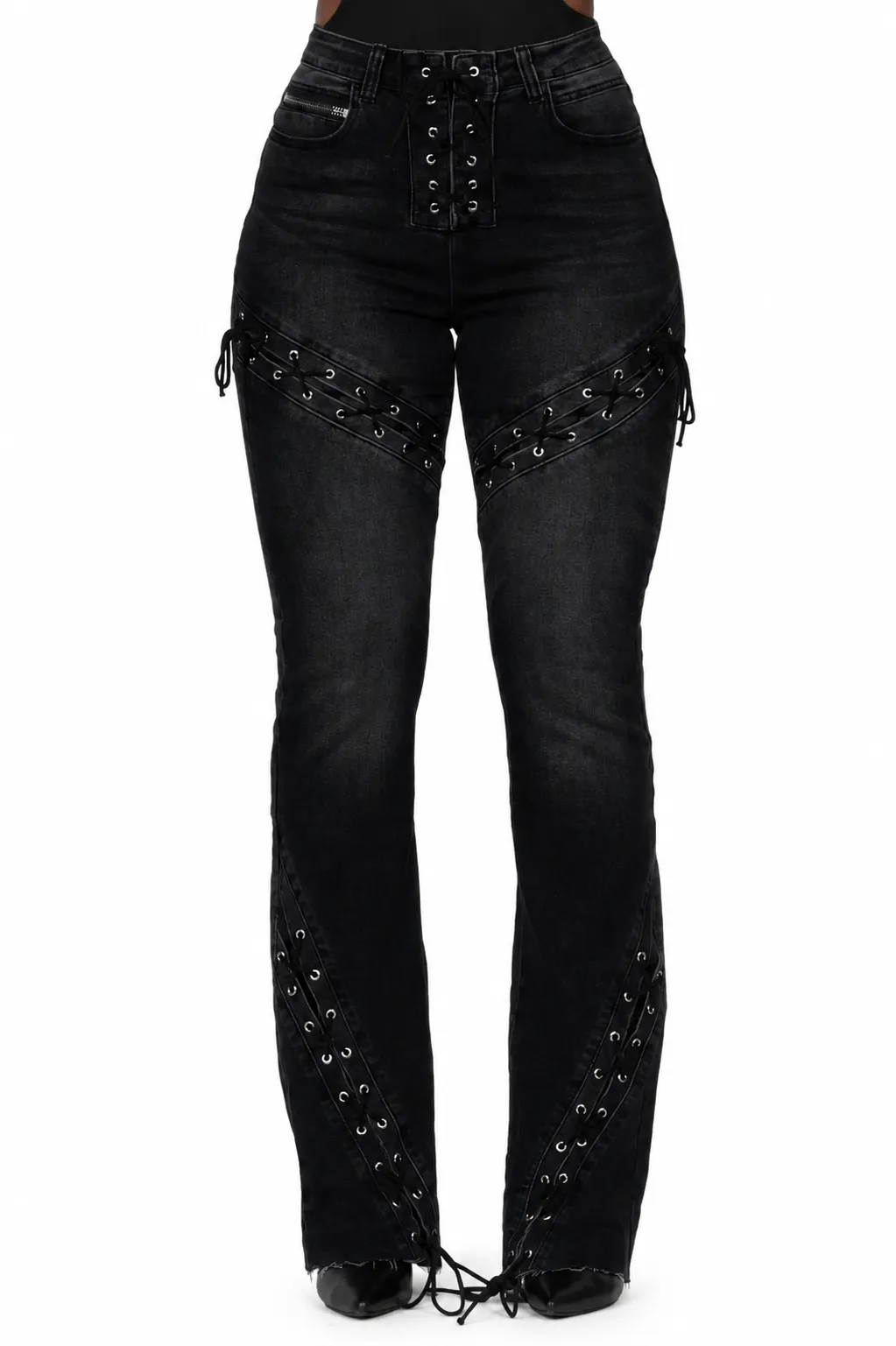 Shanai Black Lace Up Stacked Flare Jean sold by Rockstar Original