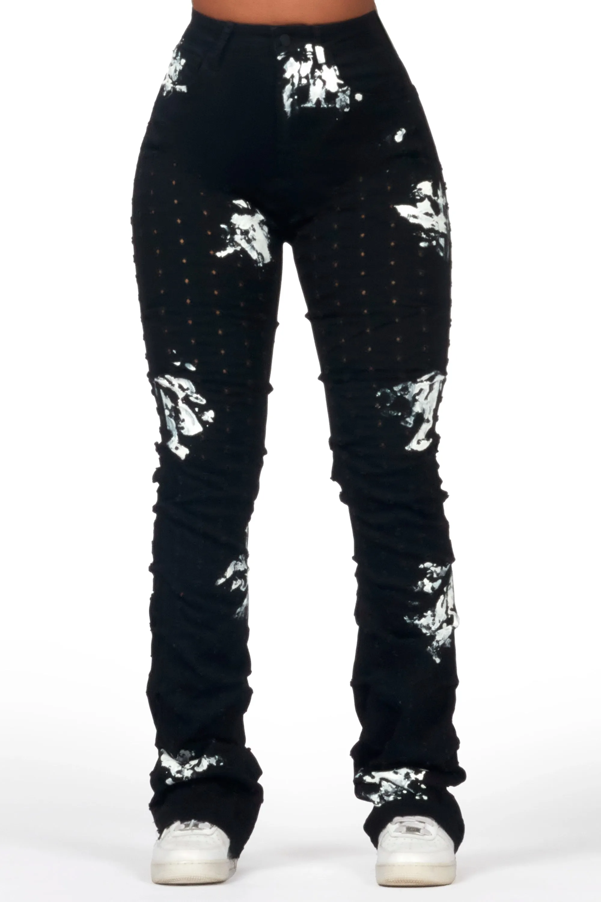 Sheriece Black Painted Stacked Flare Jean sold by Rockstar Original