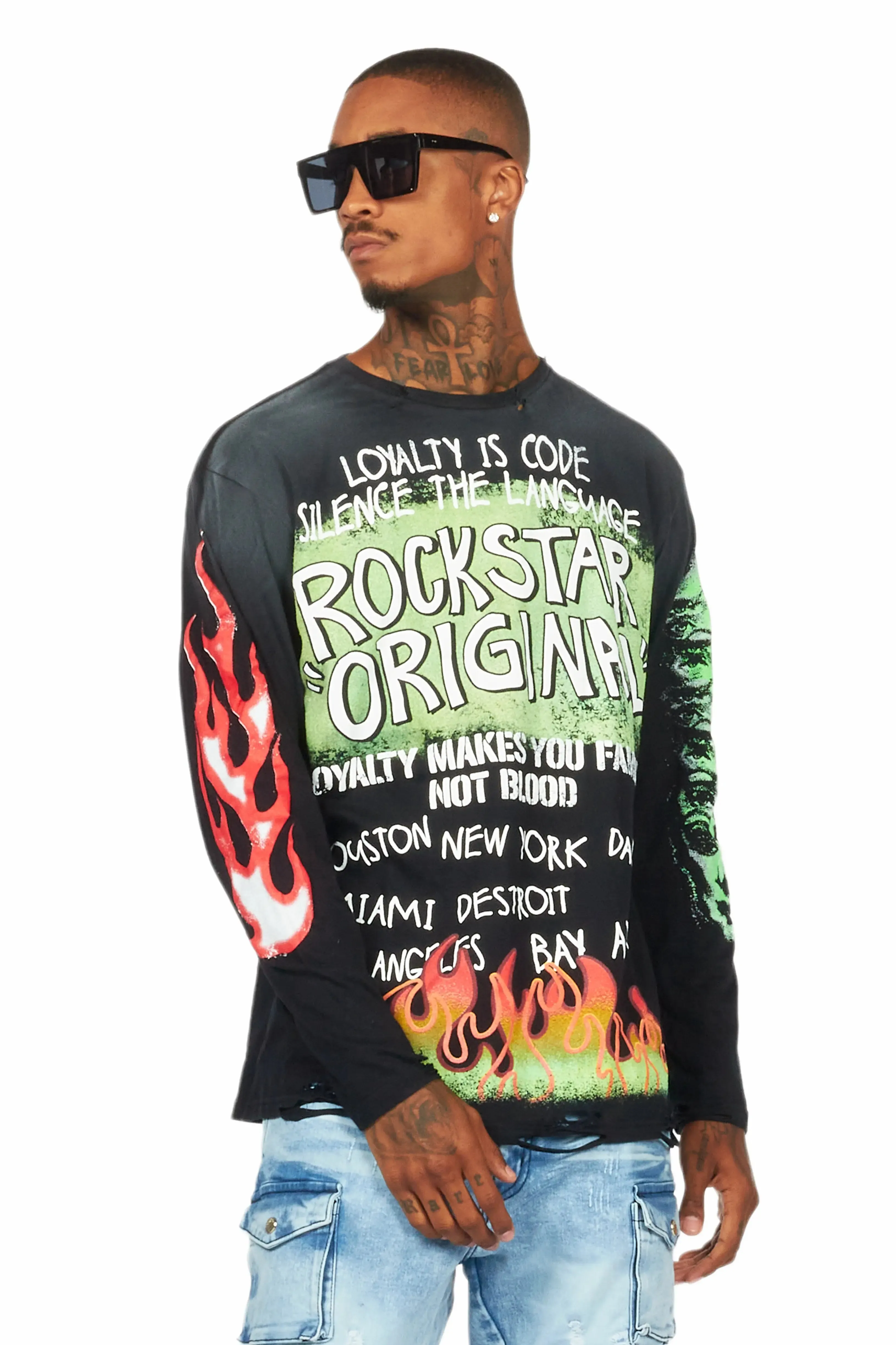 Beno Black Long Sleeve Distressed Graphic T-Shirt sold by Rockstar Original product image thumbnail 4