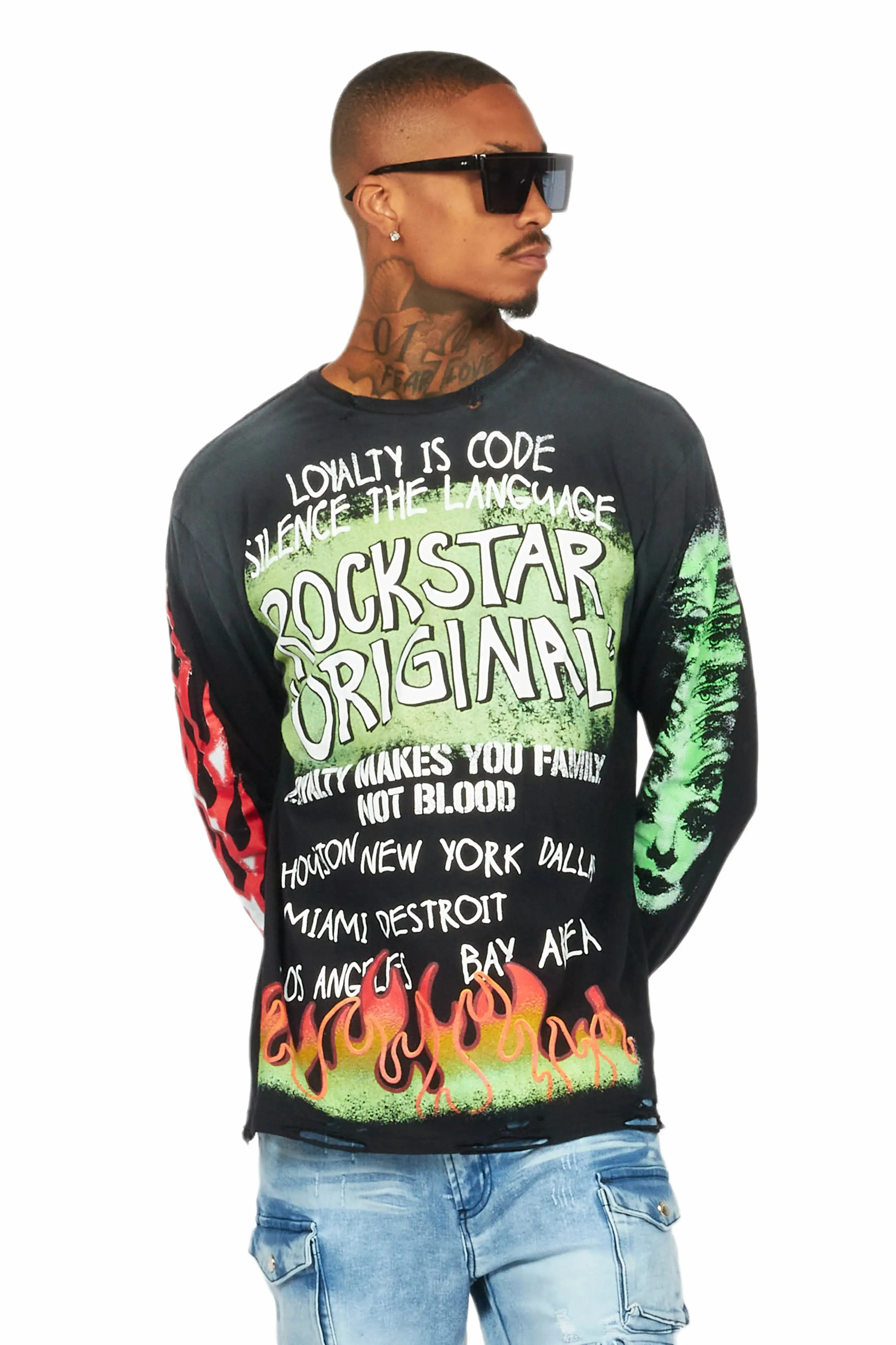 Beno Black Long Sleeve Distressed Graphic T-Shirt sold by Rockstar Original product image thumbnail 3