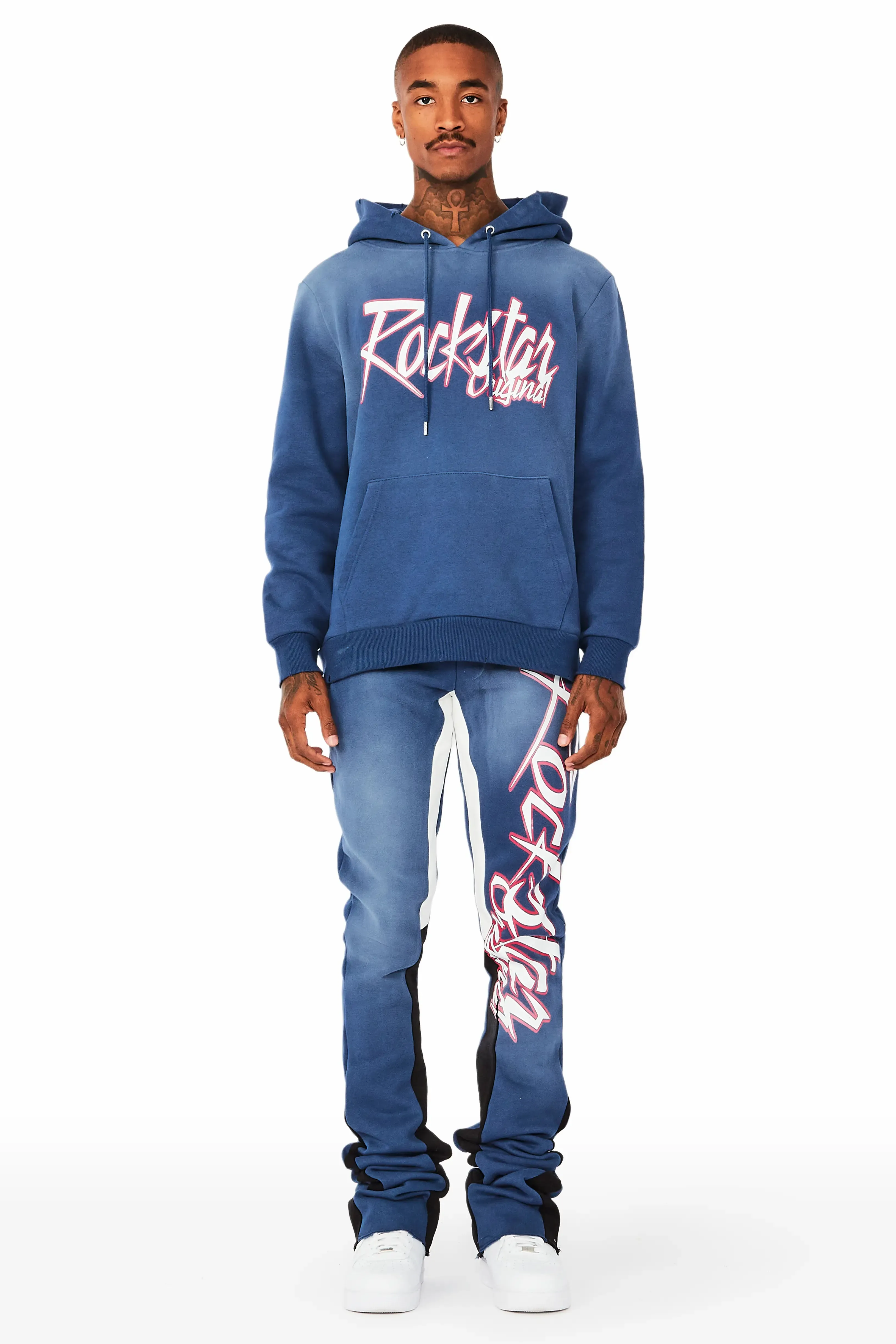 Kalibre Navy Graphic Hoodie/Super Stacked Flare Pant Set sold by Rockstar Original