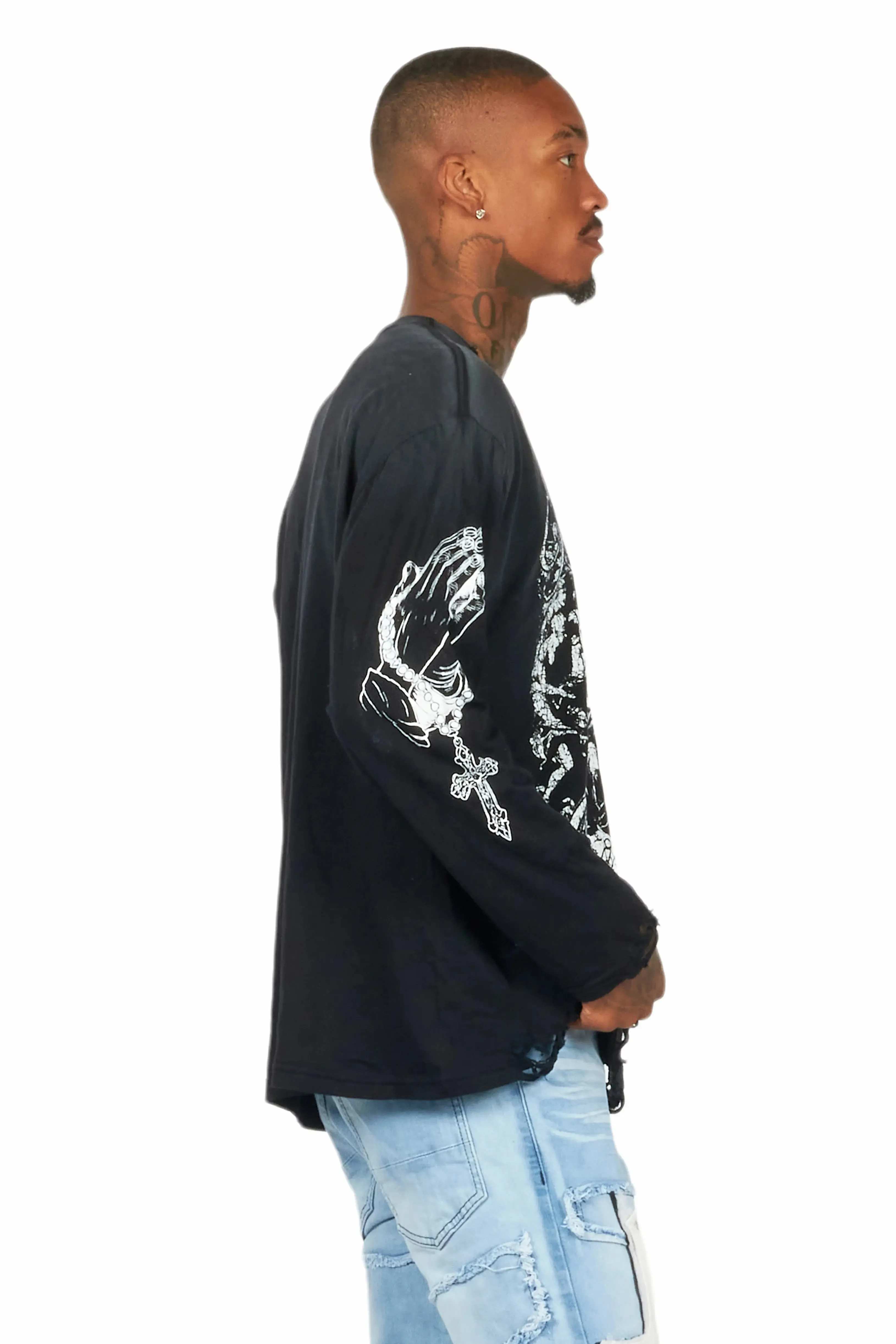 Vamp Black Long Sleeve Distressed Graphic T-Shirt sold by Rockstar Original product image thumbnail 3