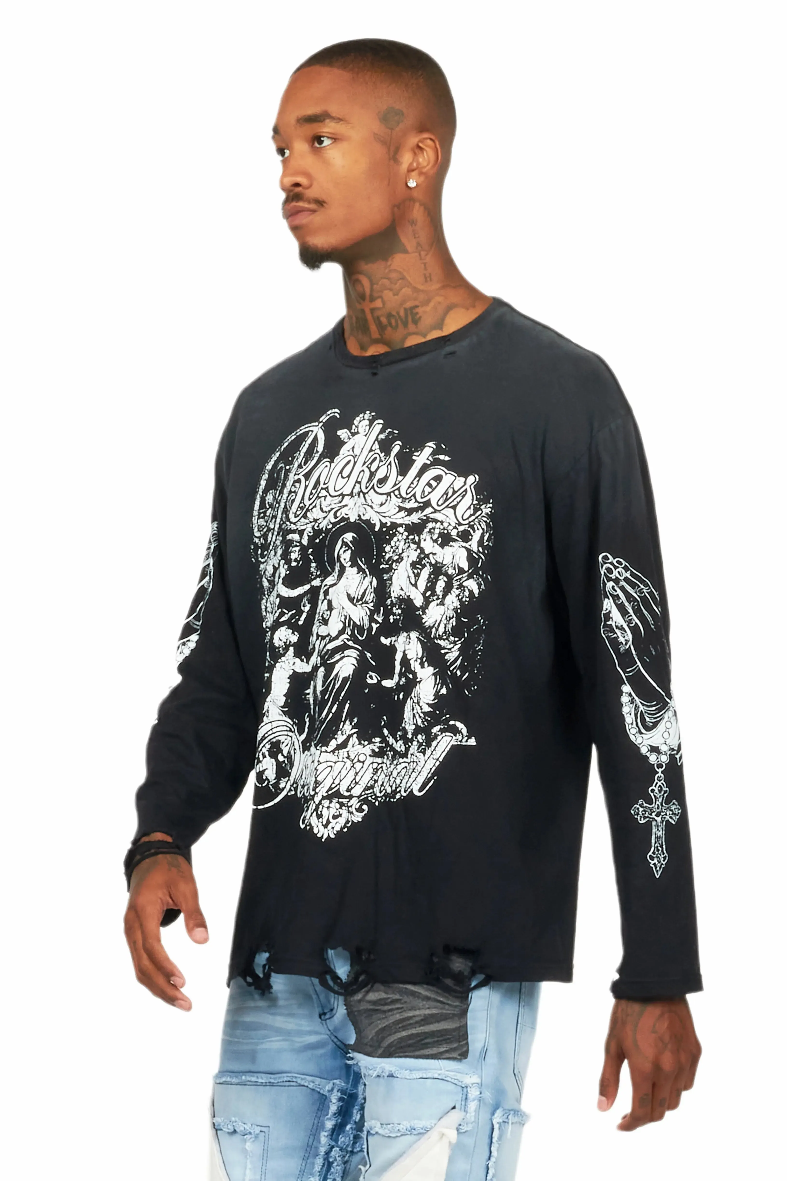 Vamp Black Long Sleeve Distressed Graphic T-Shirt sold by Rockstar Original product image thumbnail 5