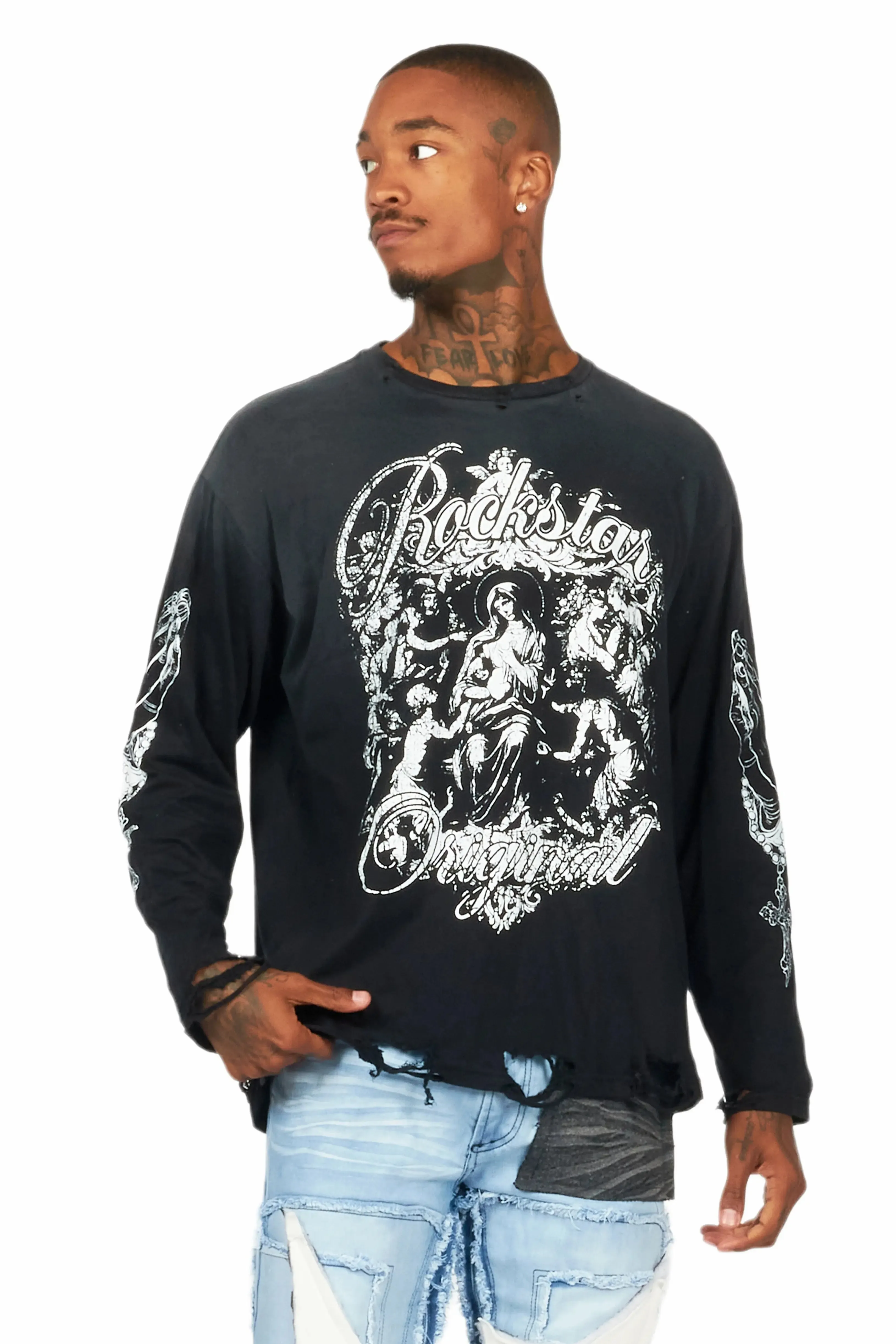 Vamp Black Long Sleeve Distressed Graphic T-Shirt sold by Rockstar Original product image thumbnail 2