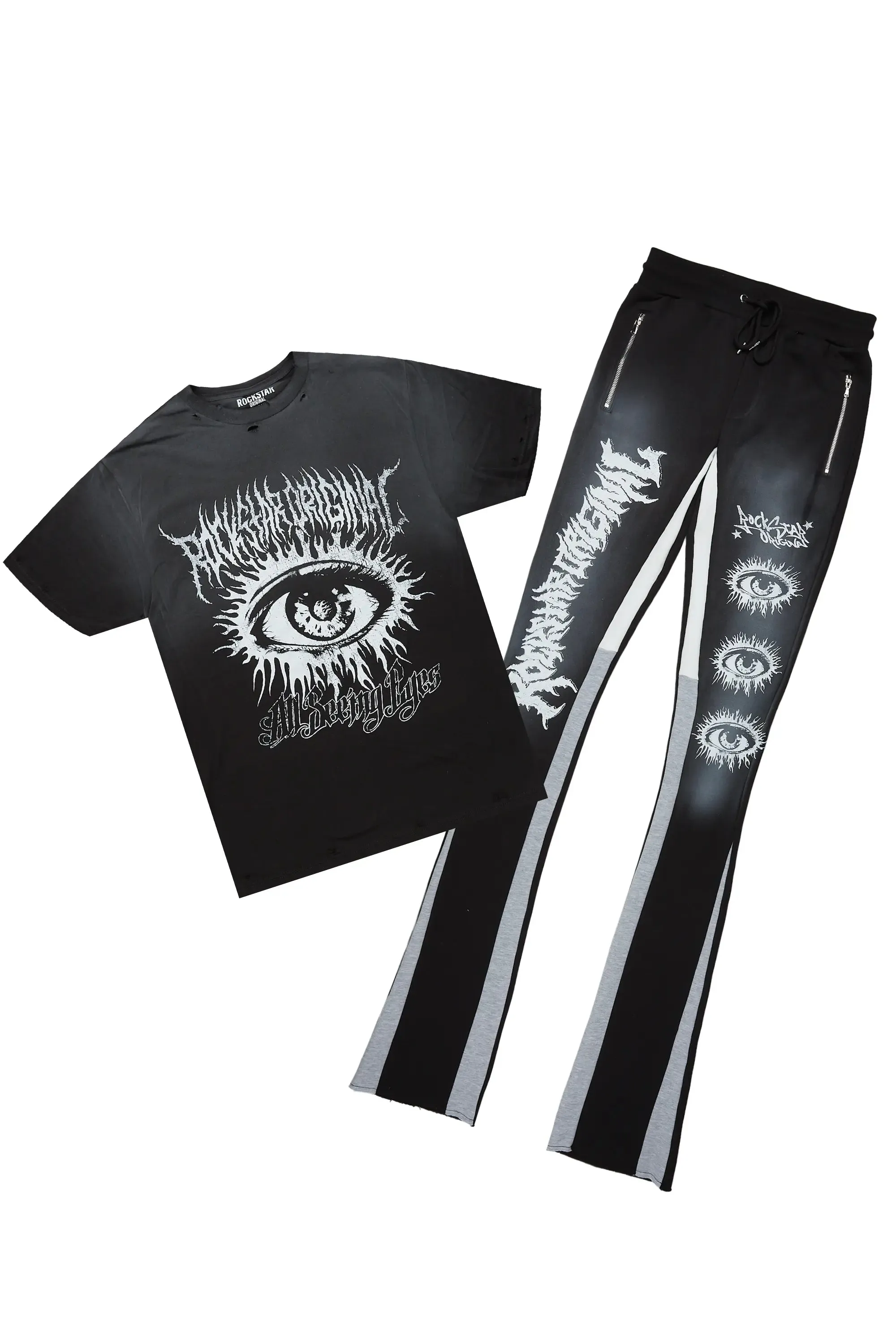 All Seeing Eyes Black T-Shirt/Super Stacked Flare Pant Set sold by Rockstar Original