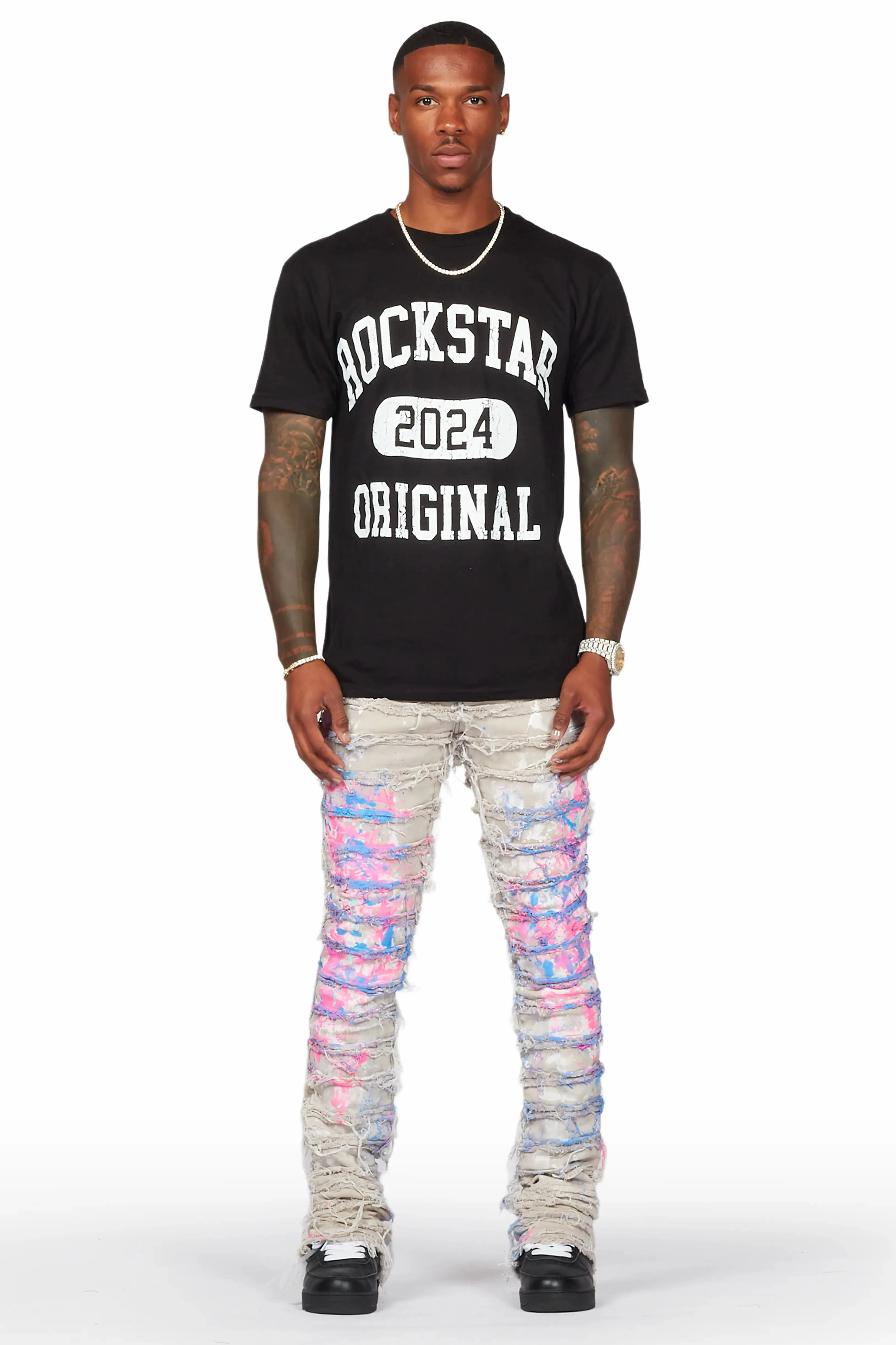 Qamar Pink/Blue Painter Stacked Flare Jean sold by Rockstar Original product image thumbnail 2