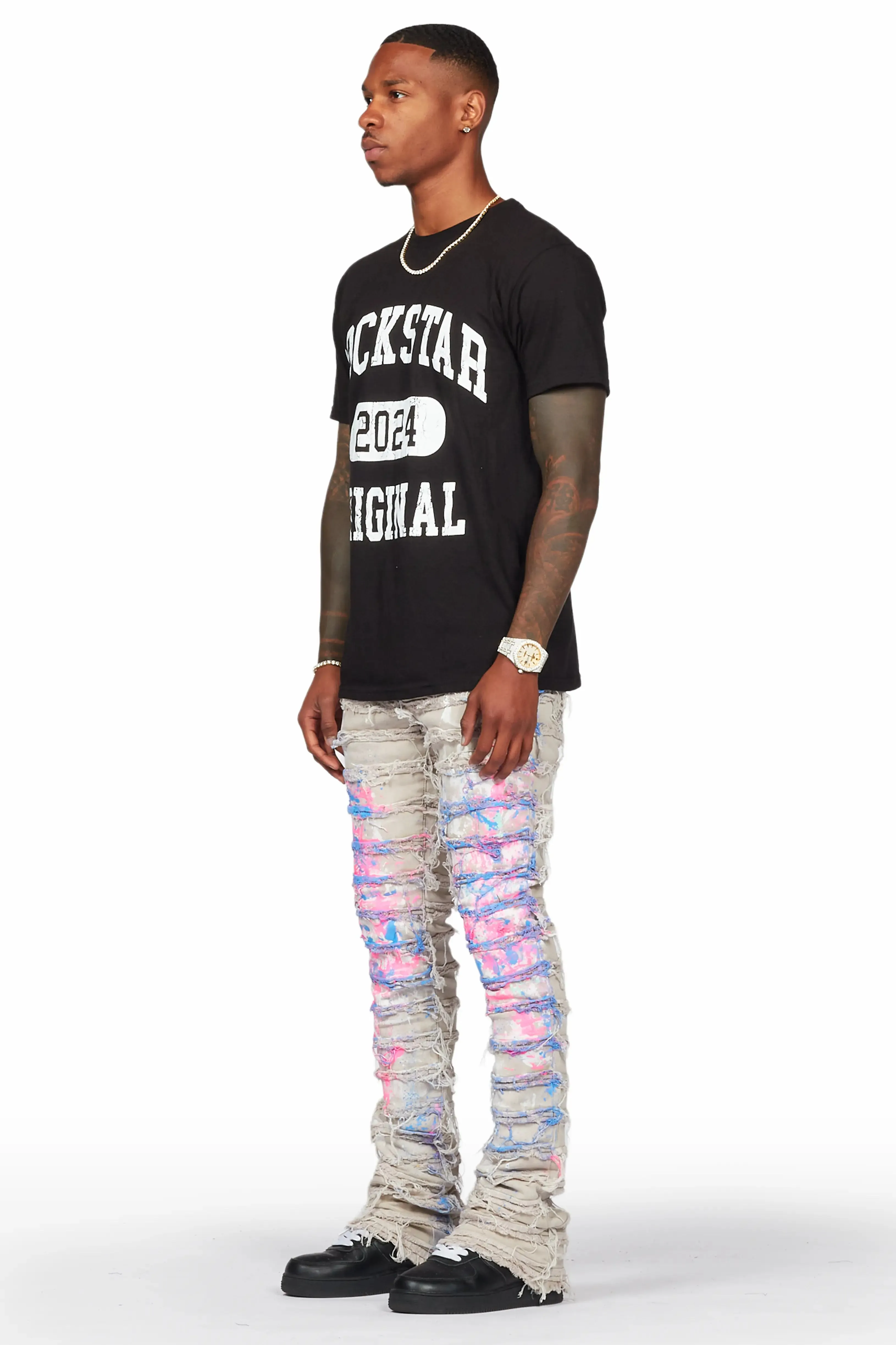 Qamar Pink/Blue Painter Stacked Flare Jean sold by Rockstar Original product image thumbnail 5
