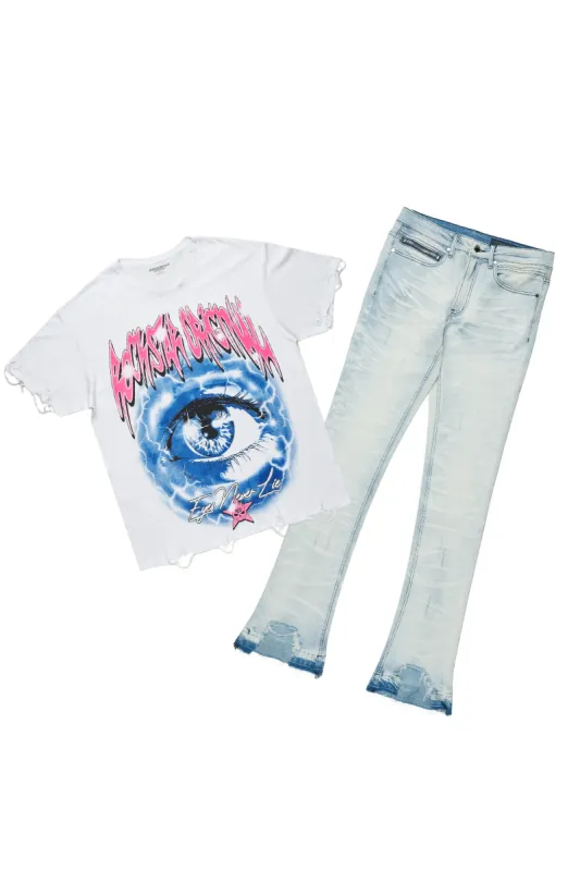Pello White Oversized T-Shirt & Lakyn Light Blue Stacked Flare Jean Bundle sold by Rockstar Original