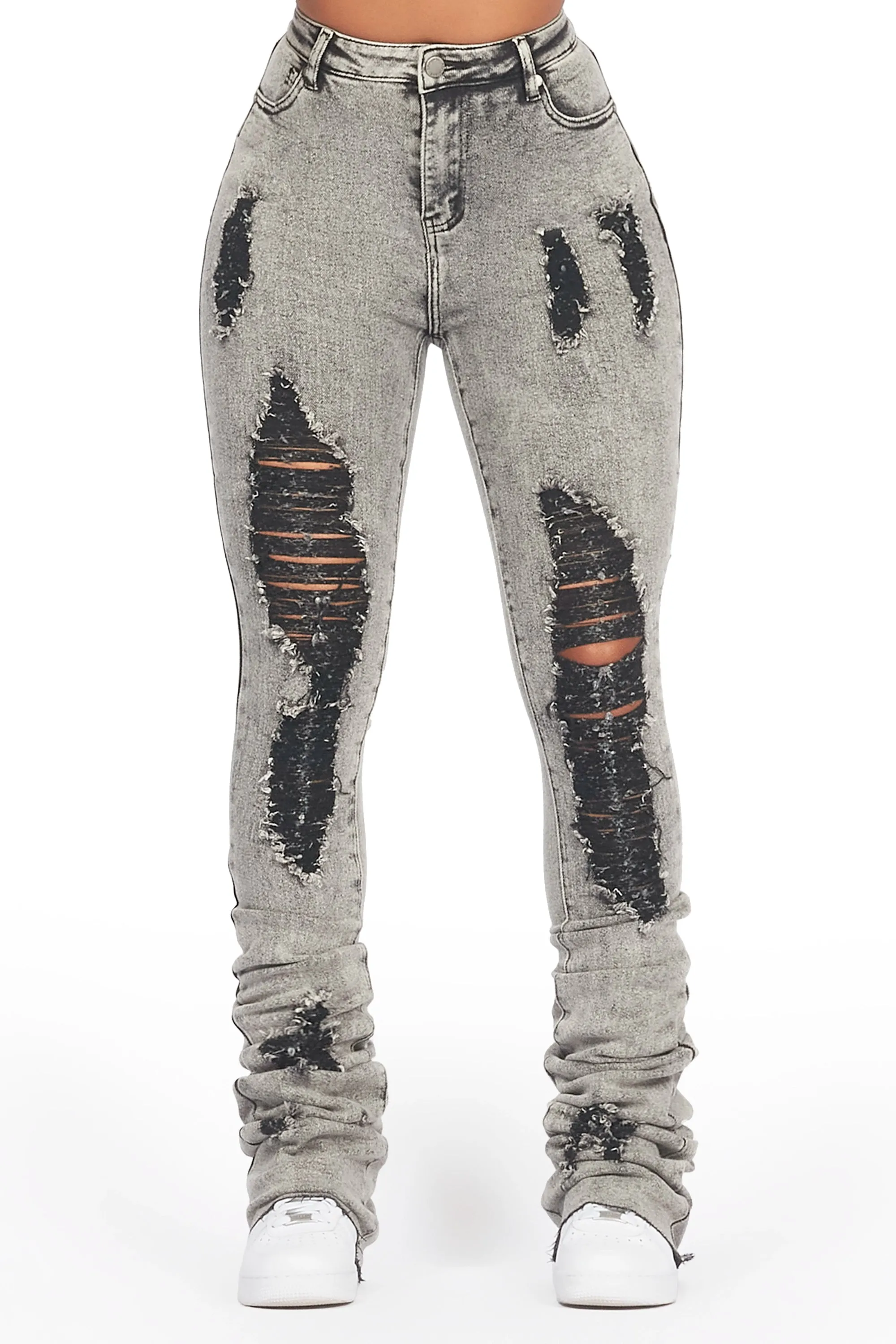 Got A Crush Grey Wash Distressed Super Stacked Jean sold by Rockstar Original