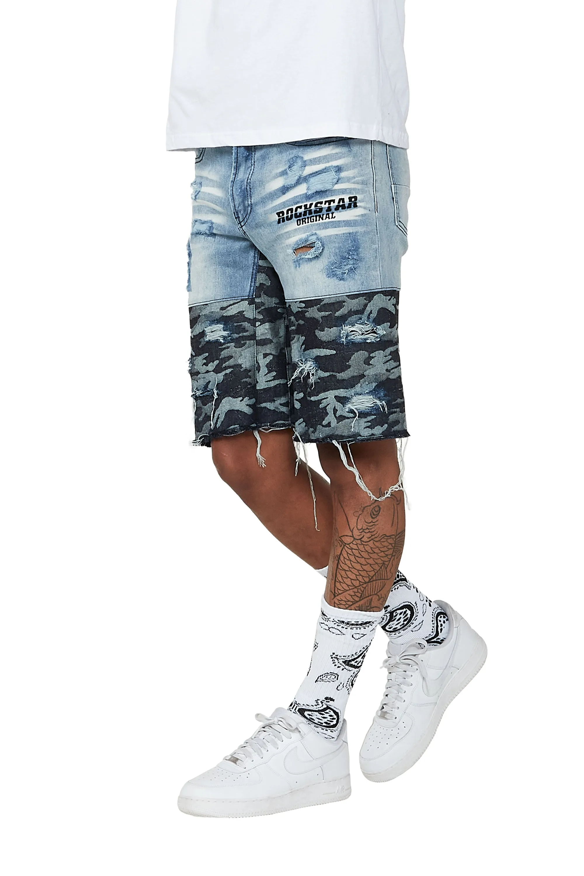 Santigo Blue/Grey Camo Camo Patchwork Denim Short sold by Rockstar Original product image thumbnail 5