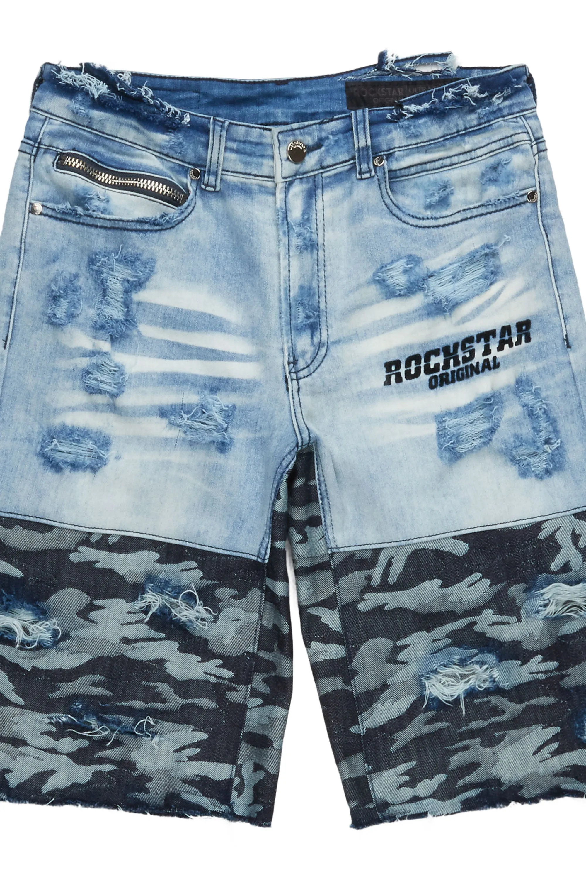 Santigo Blue/Grey Camo Camo Patchwork Denim Short sold by Rockstar Original product image thumbnail 3