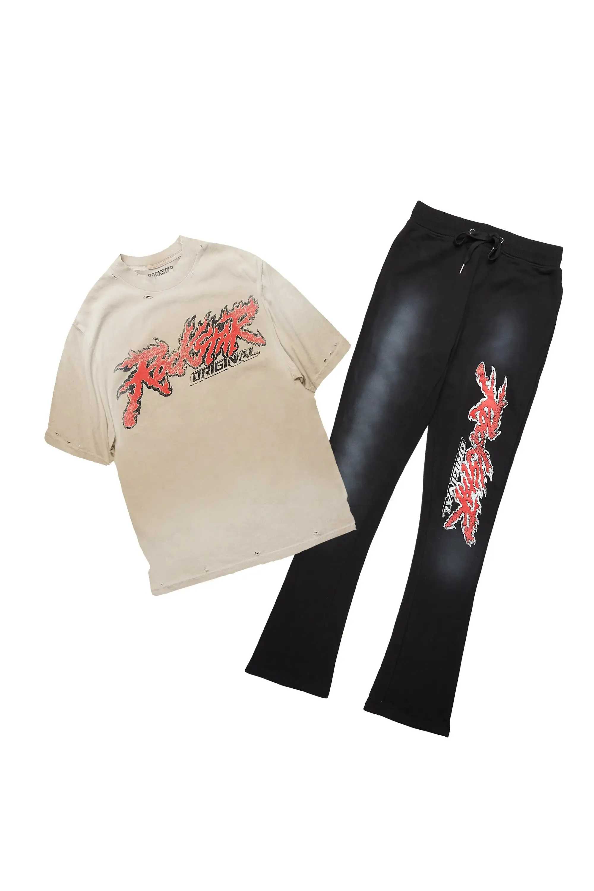 Yash Beige/Black Oversized T-Shirt/Stacked Flare Track Pant Set sold by Rockstar Original