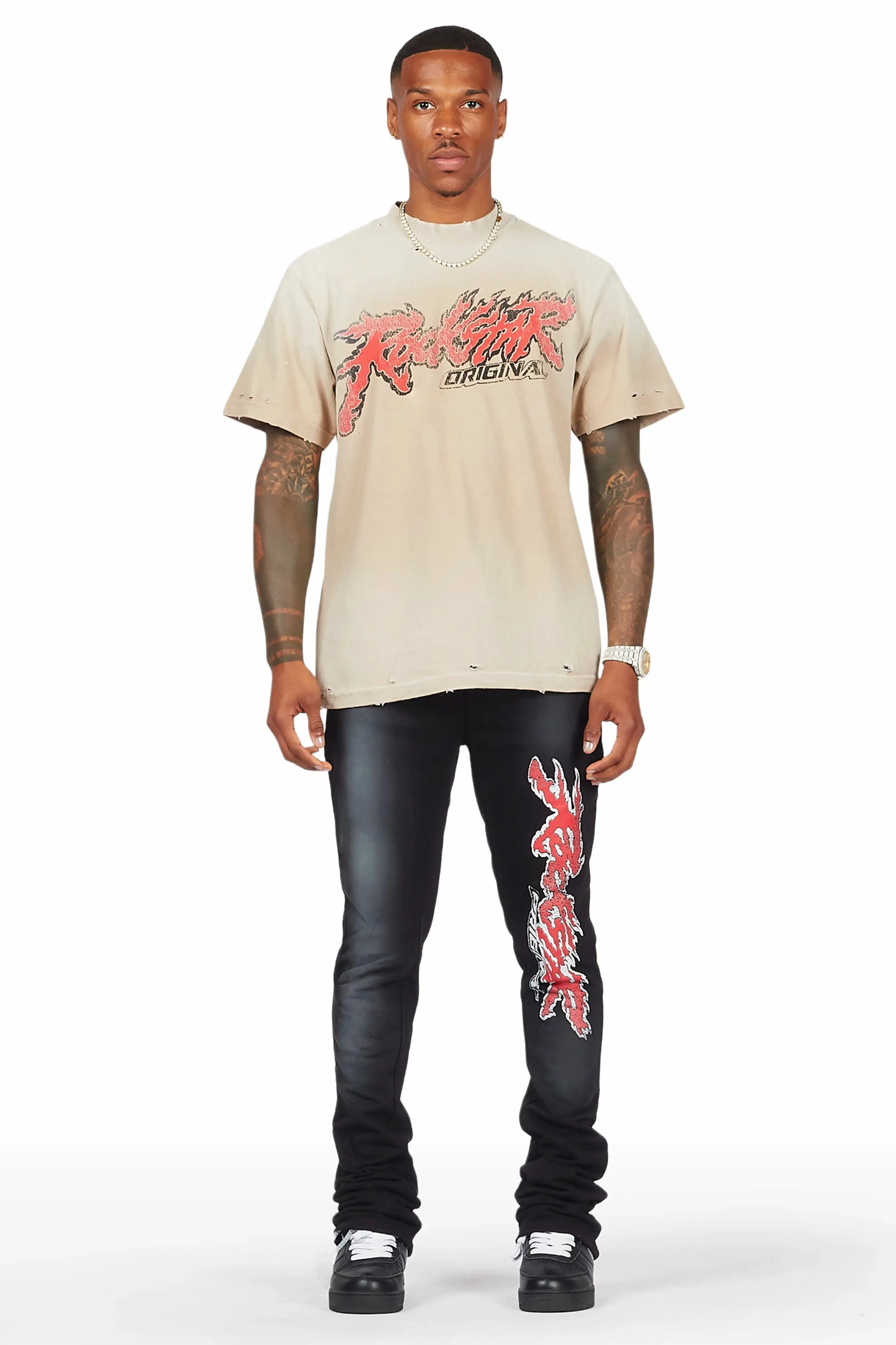 Yash Beige/Black Oversized T-Shirt/Stacked Flare Track Pant Set sold by Rockstar Original product image thumbnail 2